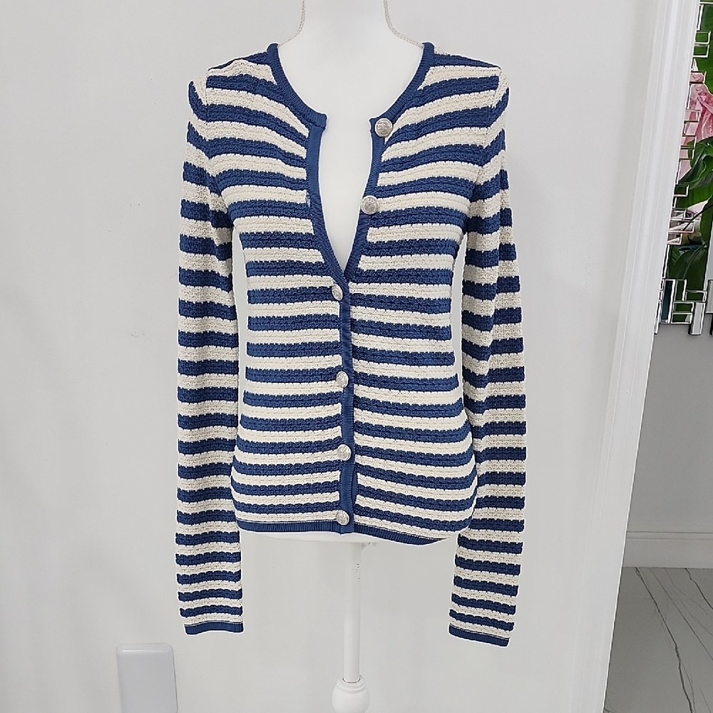 Elie Tahari Navy and Cream Striped Cardigan